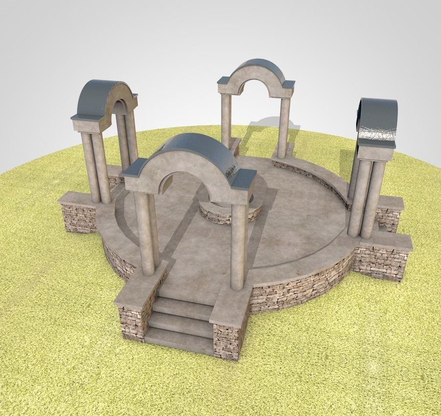 Pavilion circular stone structure on grassy field Low-poly 3D model_4