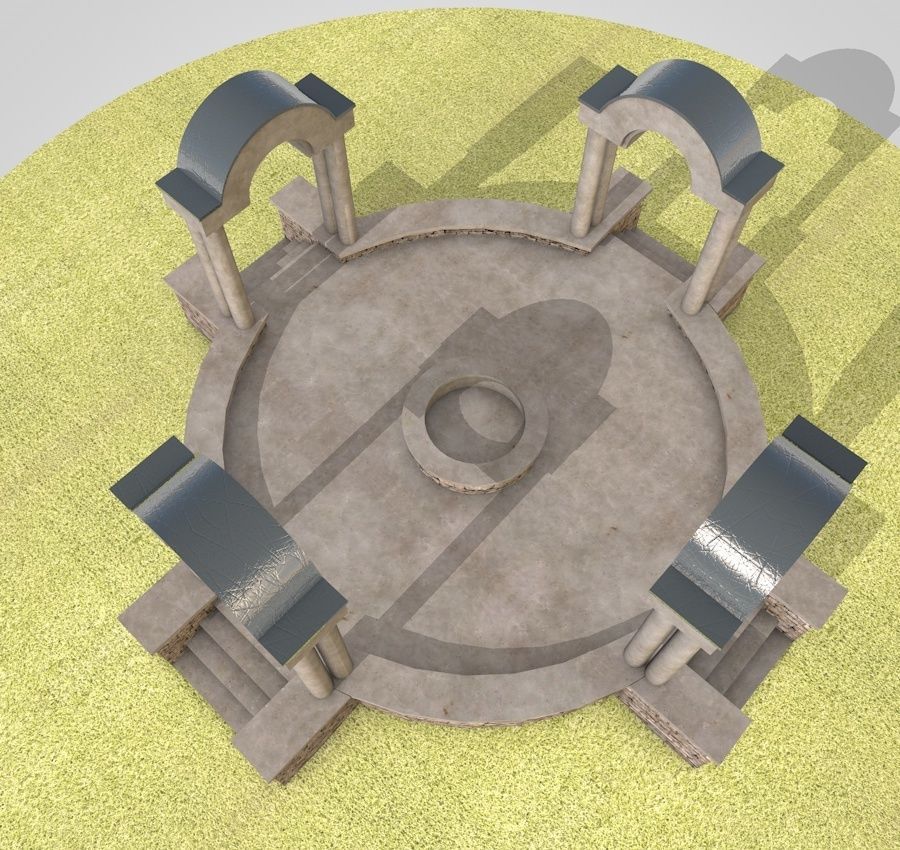 Pavilion circular stone structure on grassy field Low-poly 3D model_7