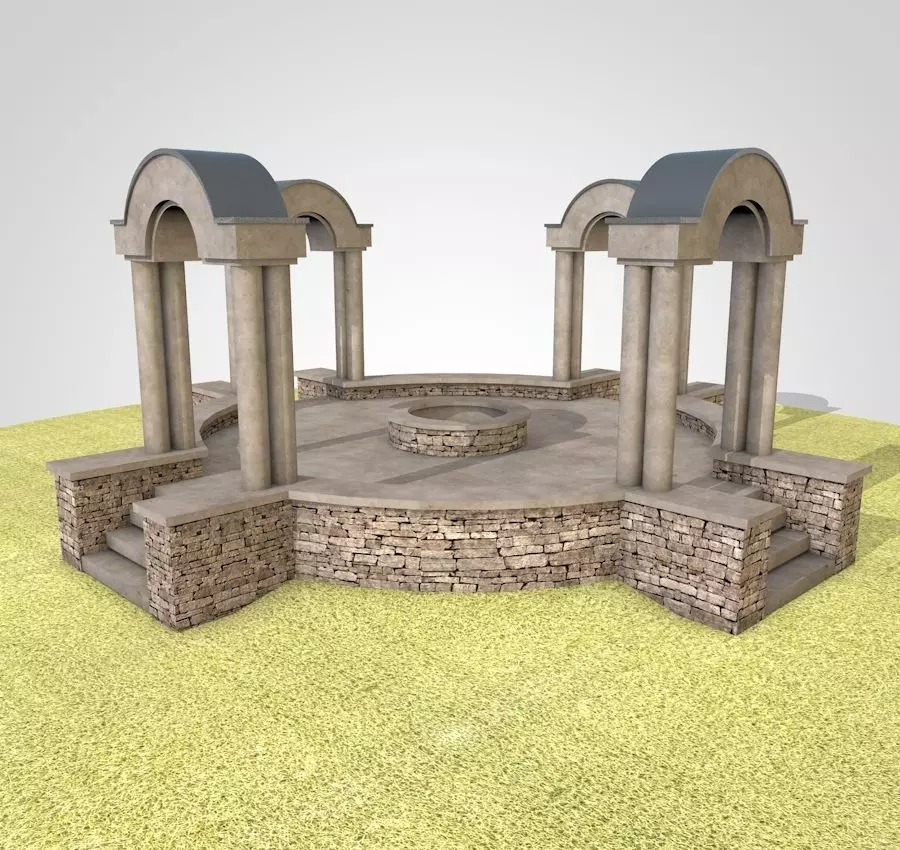 Pavilion circular stone structure on grassy field Low-poly 3D model_0