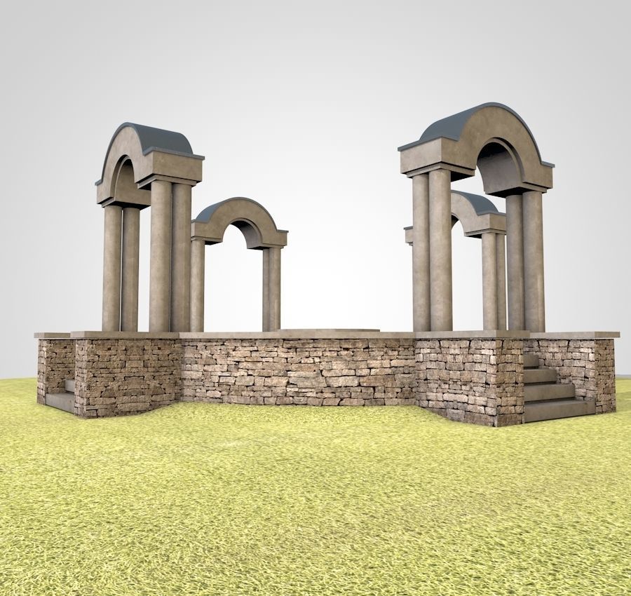 Pavilion circular stone structure on grassy field Low-poly 3D model_2