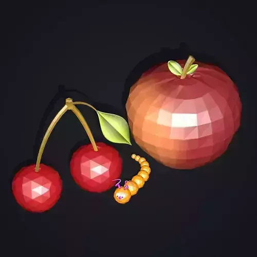 Cherry and Apple with Worm Low-poly 3D model