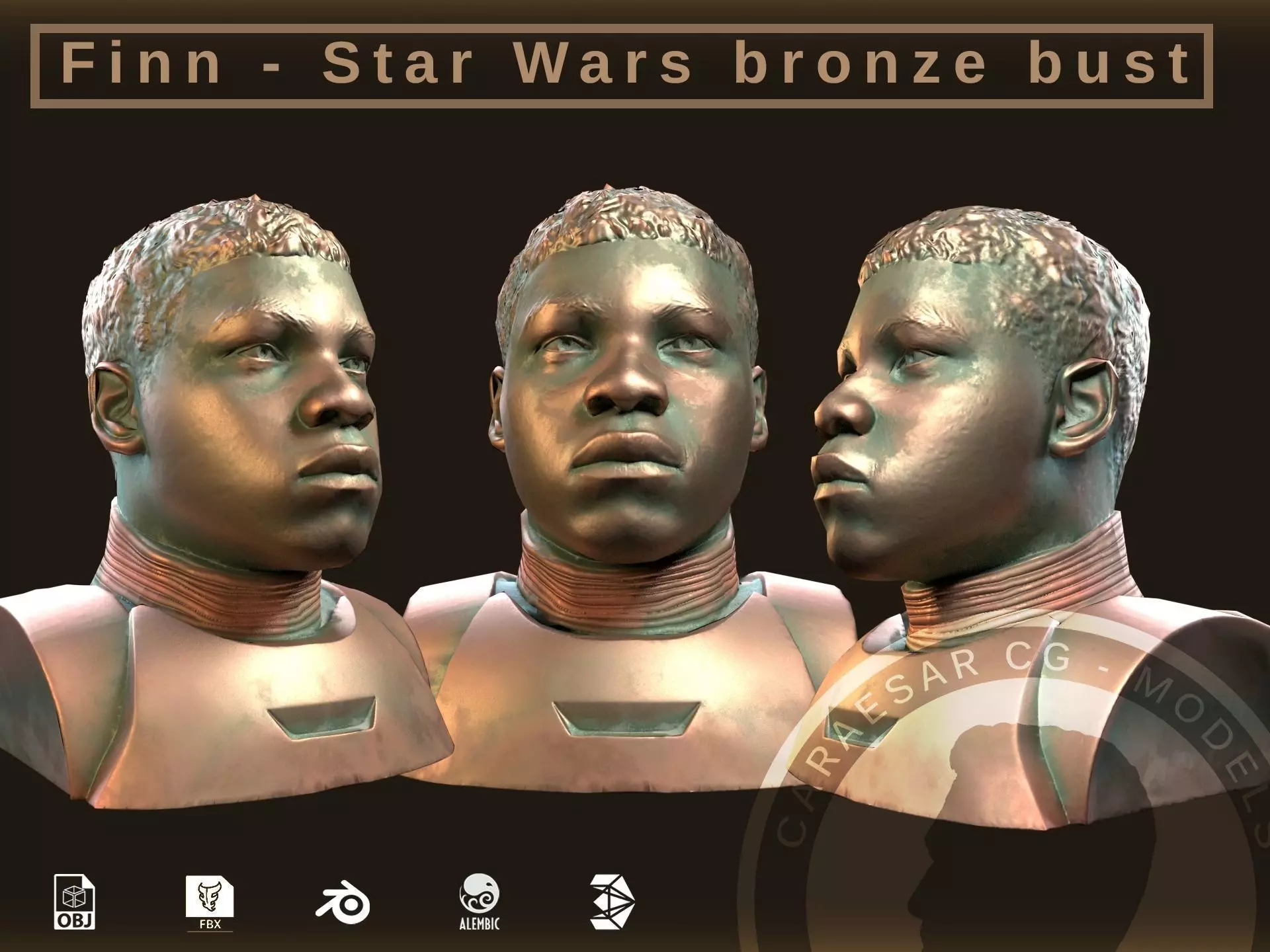 Finn - Star Wars bronze bust Low-poly 3D model_0