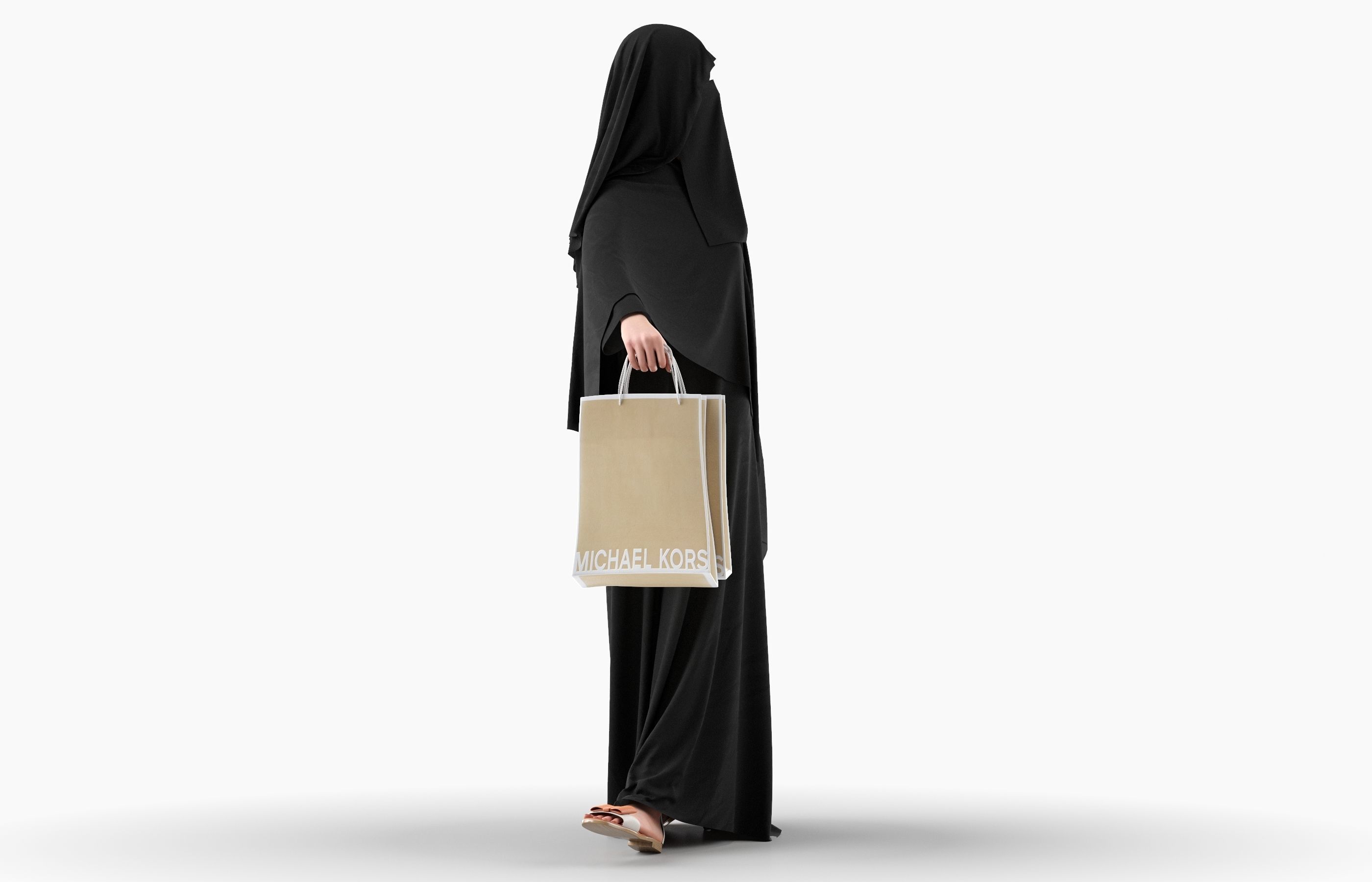 Woman wearing Saudi Arabian hidshab posed holding shopping bags 3D model_4