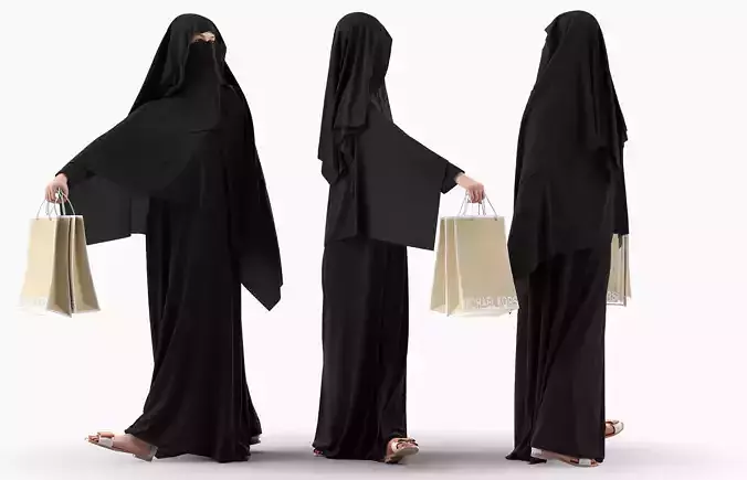 Woman wearing Saudi Arabian hidshab posed holding shopping bags 3D model