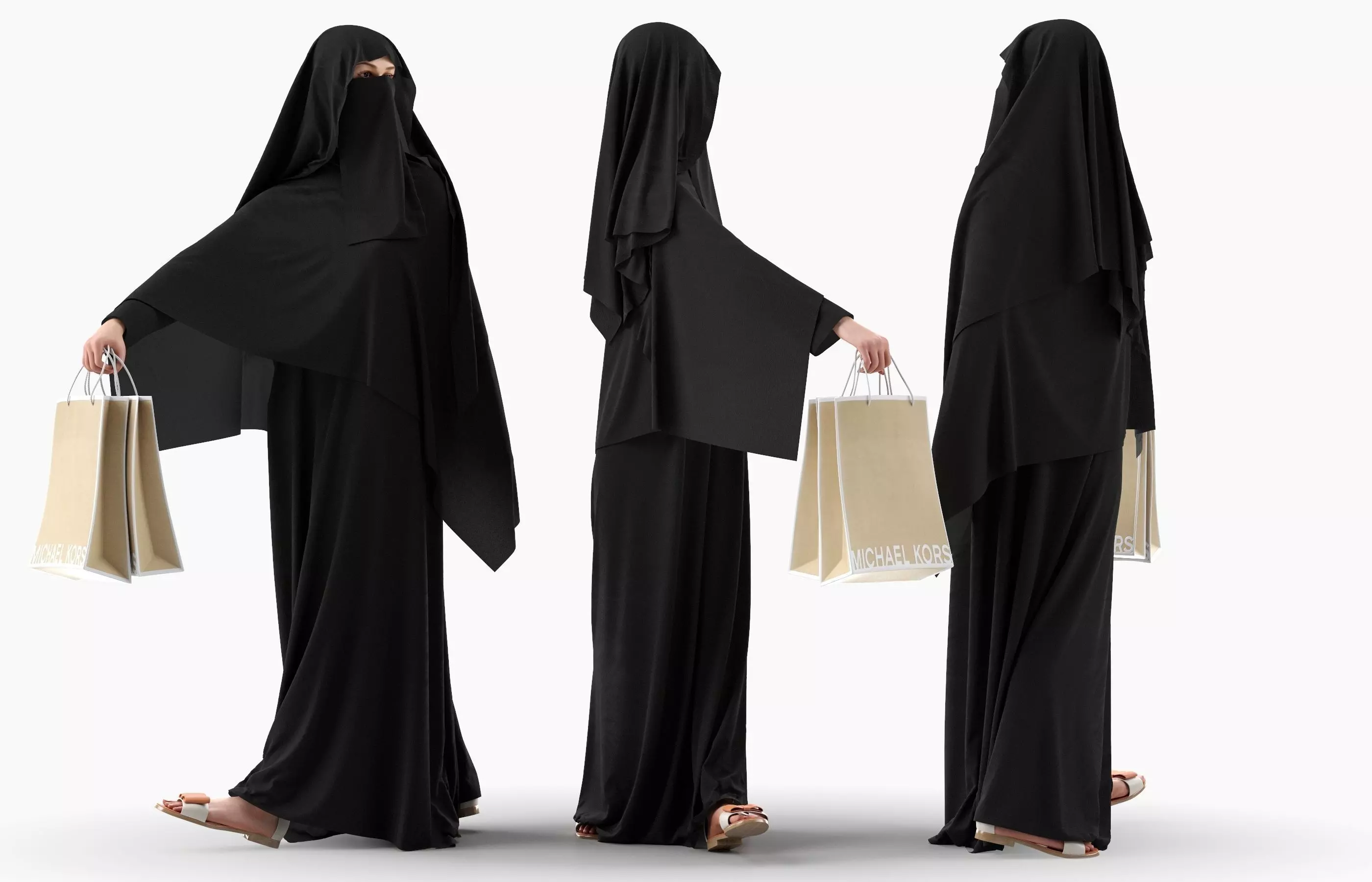 Woman wearing Saudi Arabian hidshab posed holding shopping bags 3D model_0