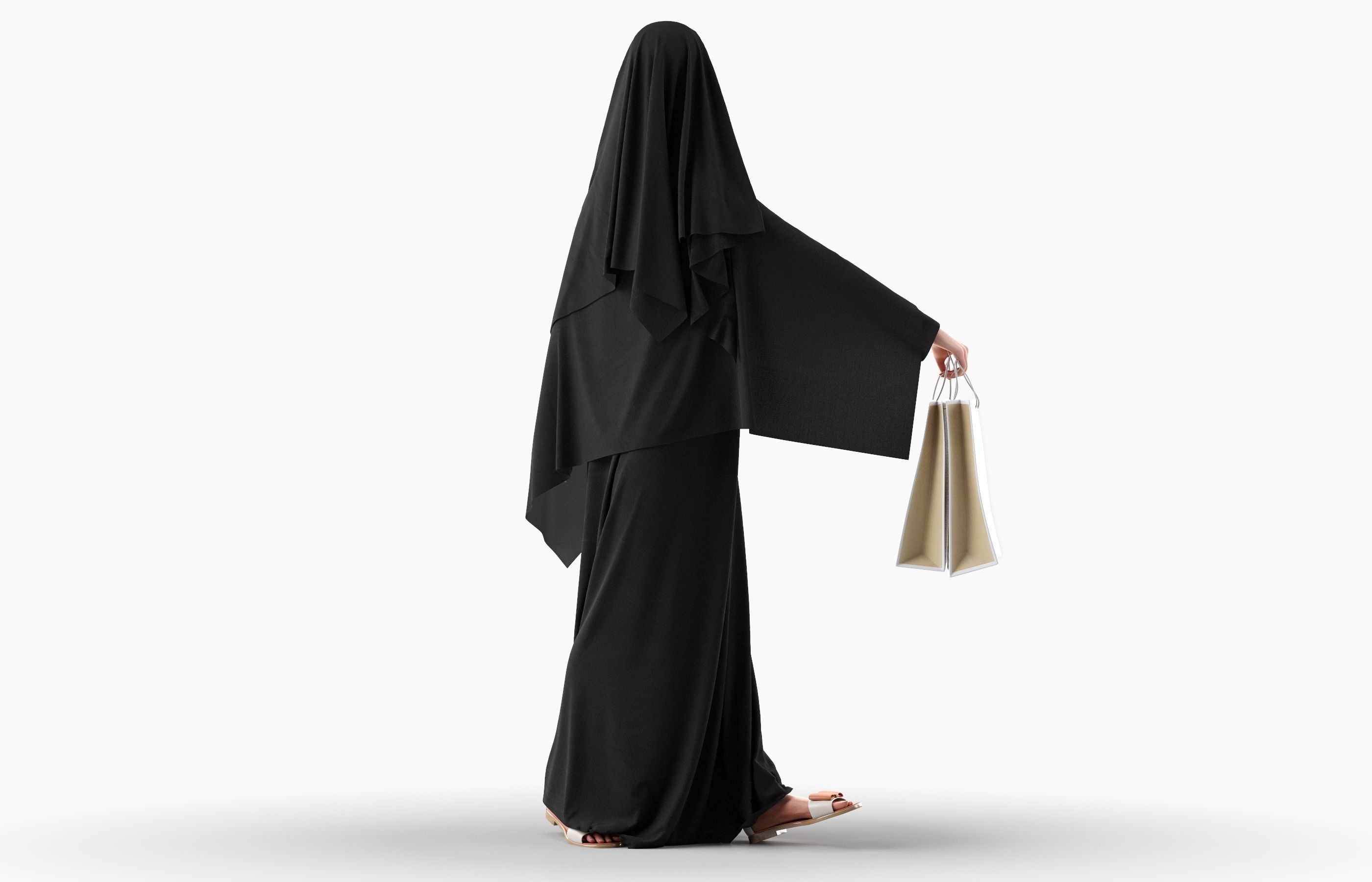 Woman wearing Saudi Arabian hidshab posed holding shopping bags 3D model_5