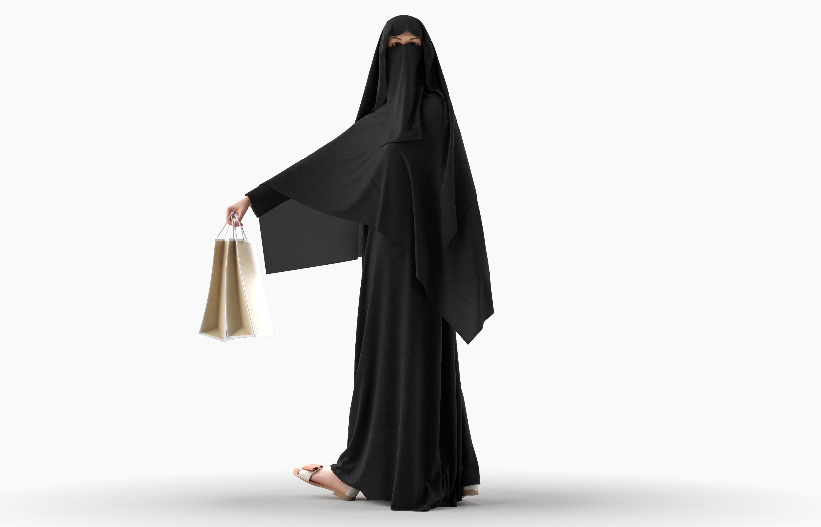 Woman wearing Saudi Arabian hidshab posed holding shopping bags 3D model_1