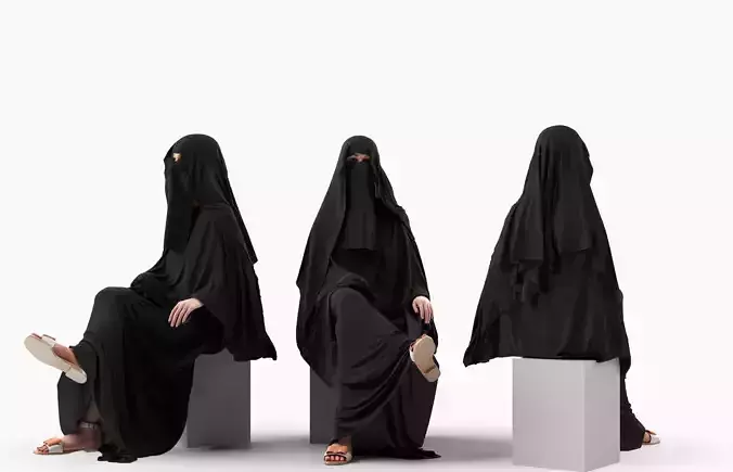 Woman wearing traditional Saudi Arabian hidshab posed sitting 3D model