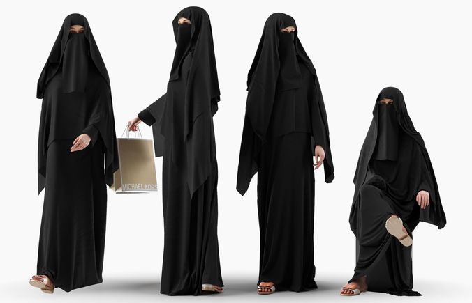 Woman wearing Saudi Arabian hidshab in 4 poses 3D model