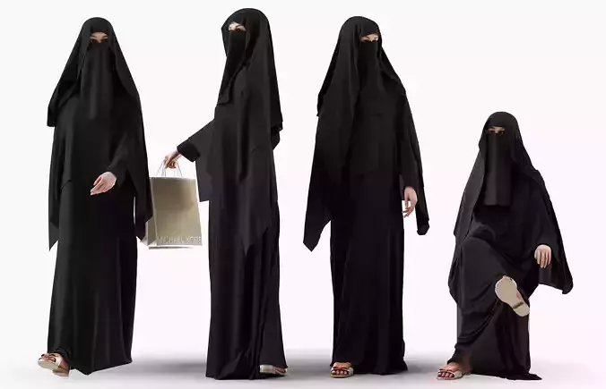 Woman wearing Saudi Arabian hidshab in 4 poses 3D model