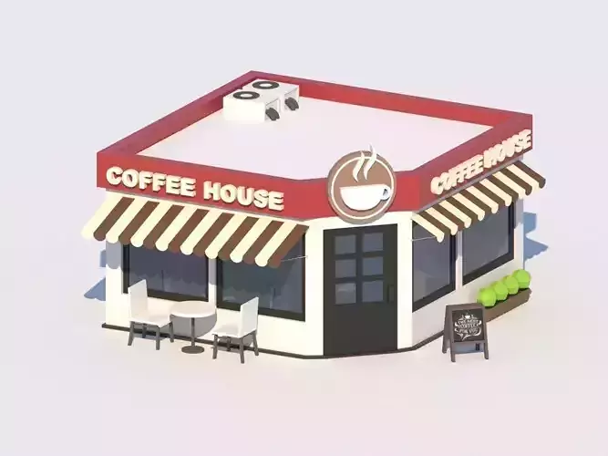 Cartoon Low Poly Coffee House Cafe  Building 