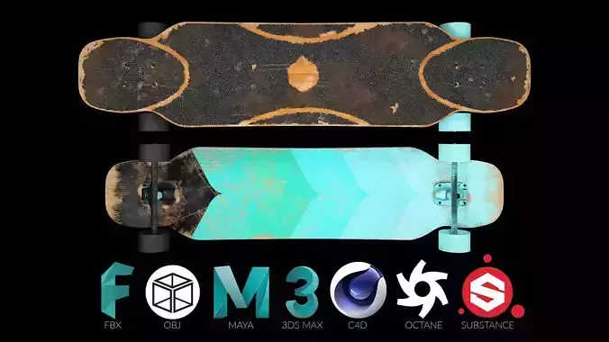 Rigged Longboard - Used Low-poly 3D model