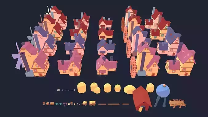 Cartoon country village kit Low-poly 3D model