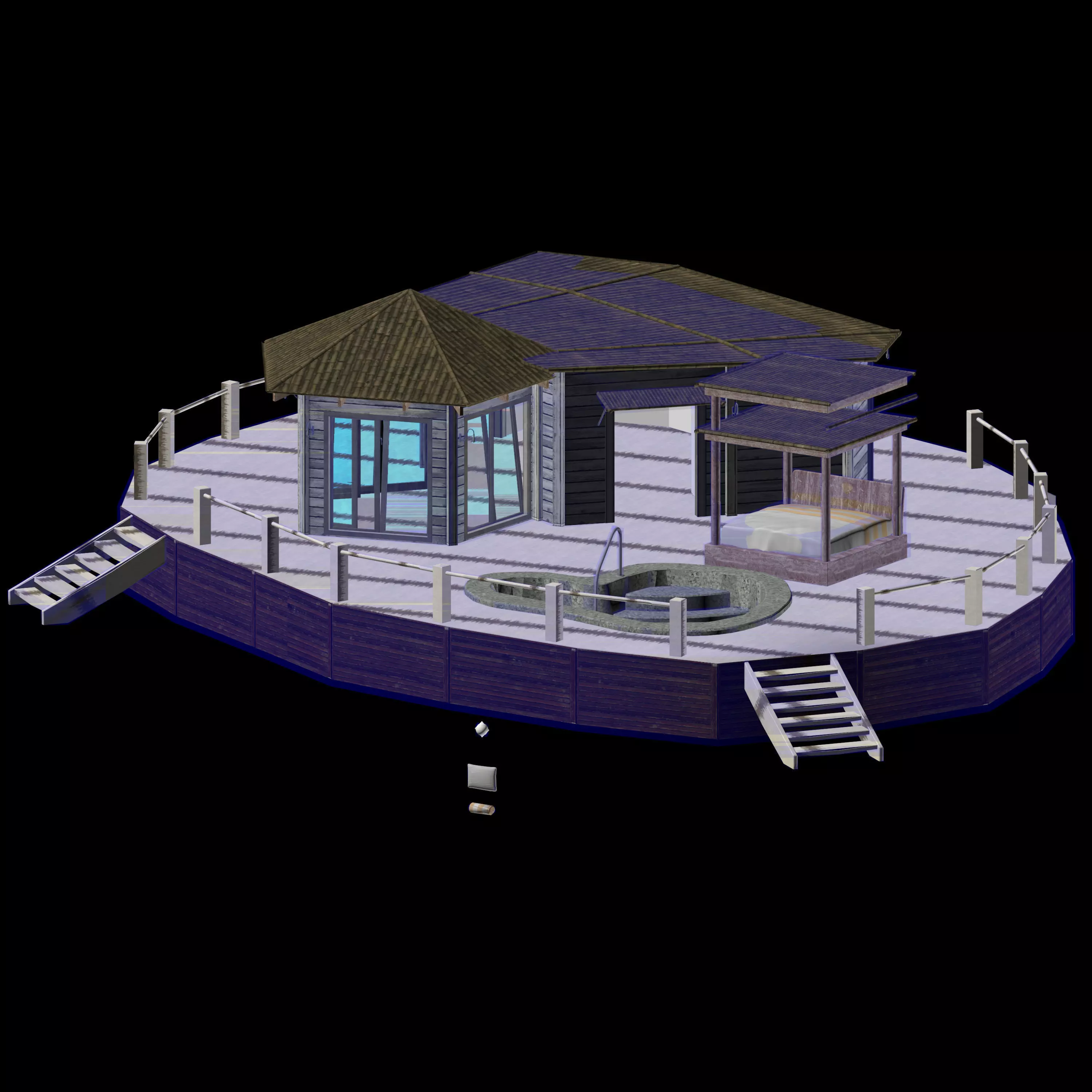 Bungalow with pool Low-poly 3D model_0