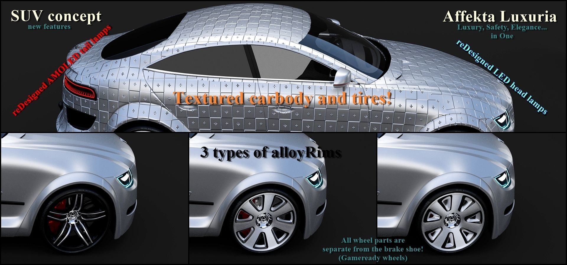 Affekta Luxuria SUV concept sport car with 3 alloy rims Low-poly 3D model_4