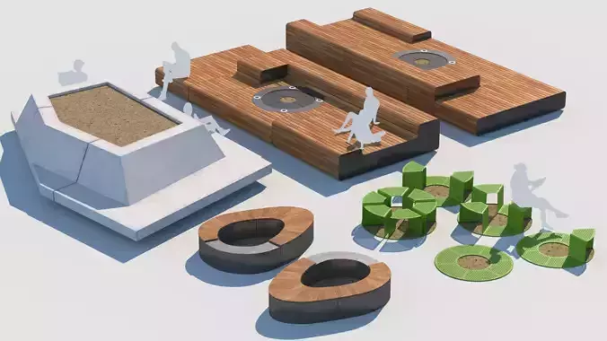 street benches set 3D model