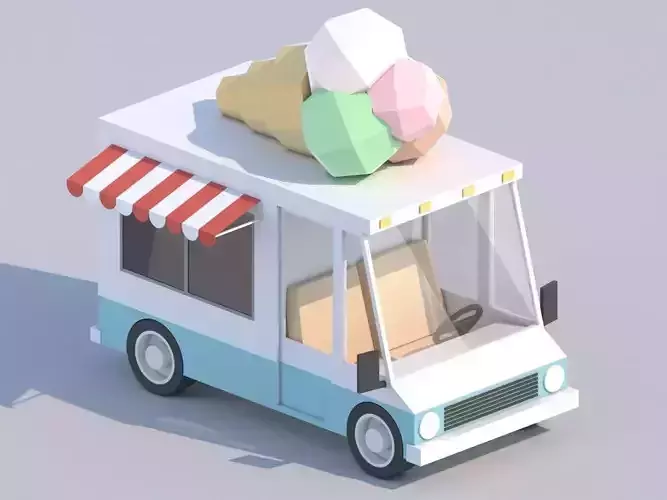 Cartoon Low Poly Car Ice Cream Van