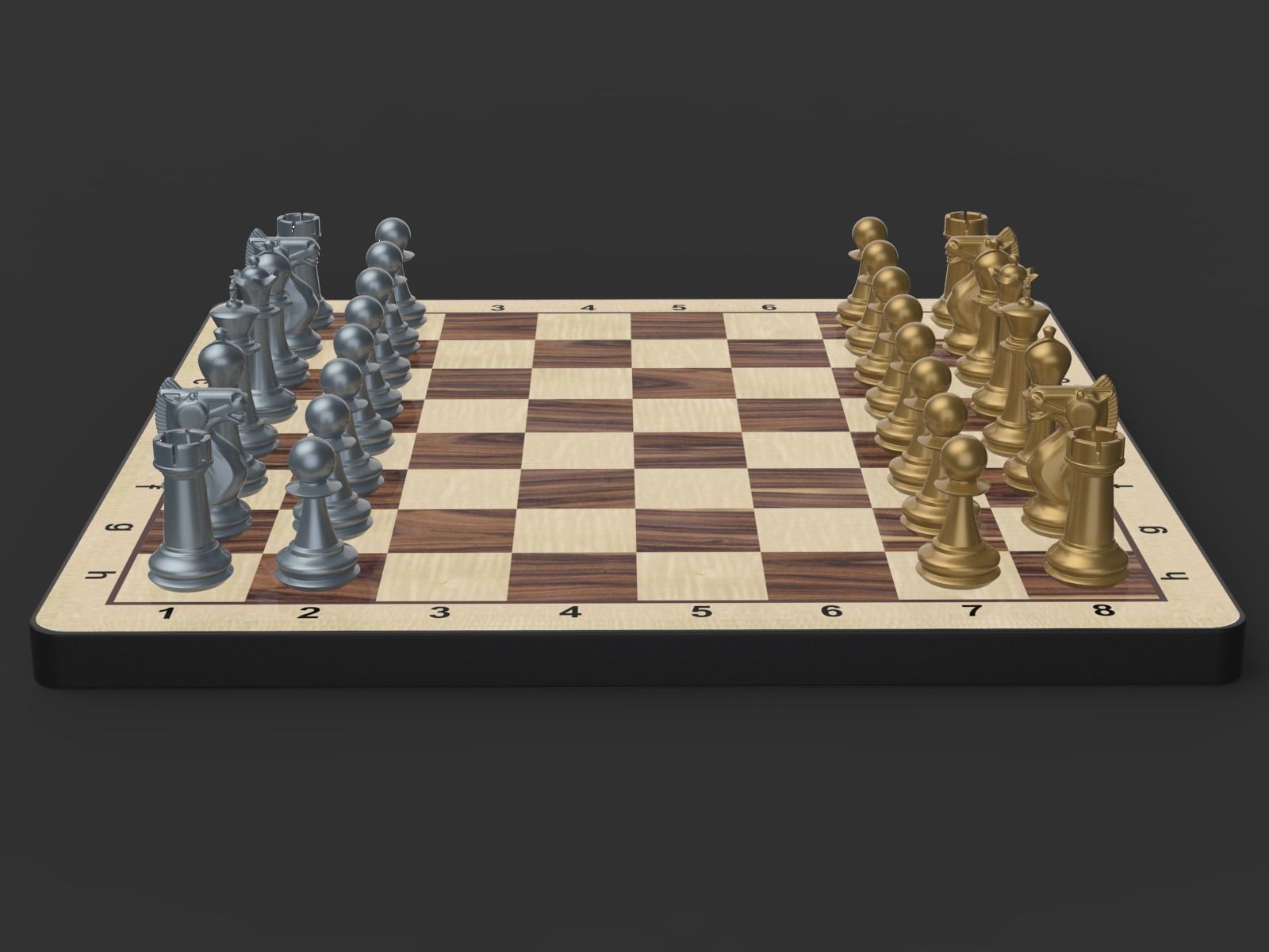 Chess Set board with gold and silver pieces 3D model_2
