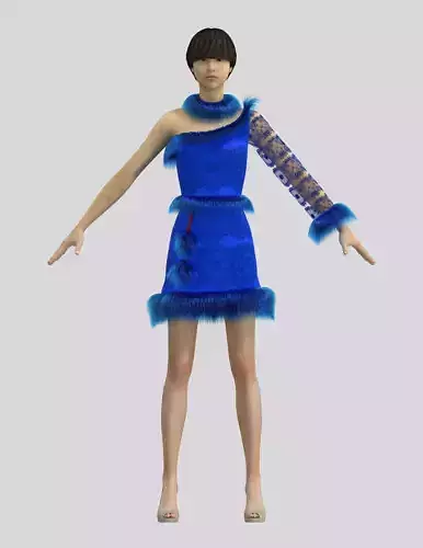 Designer Blue fur work dress with Transparent beads