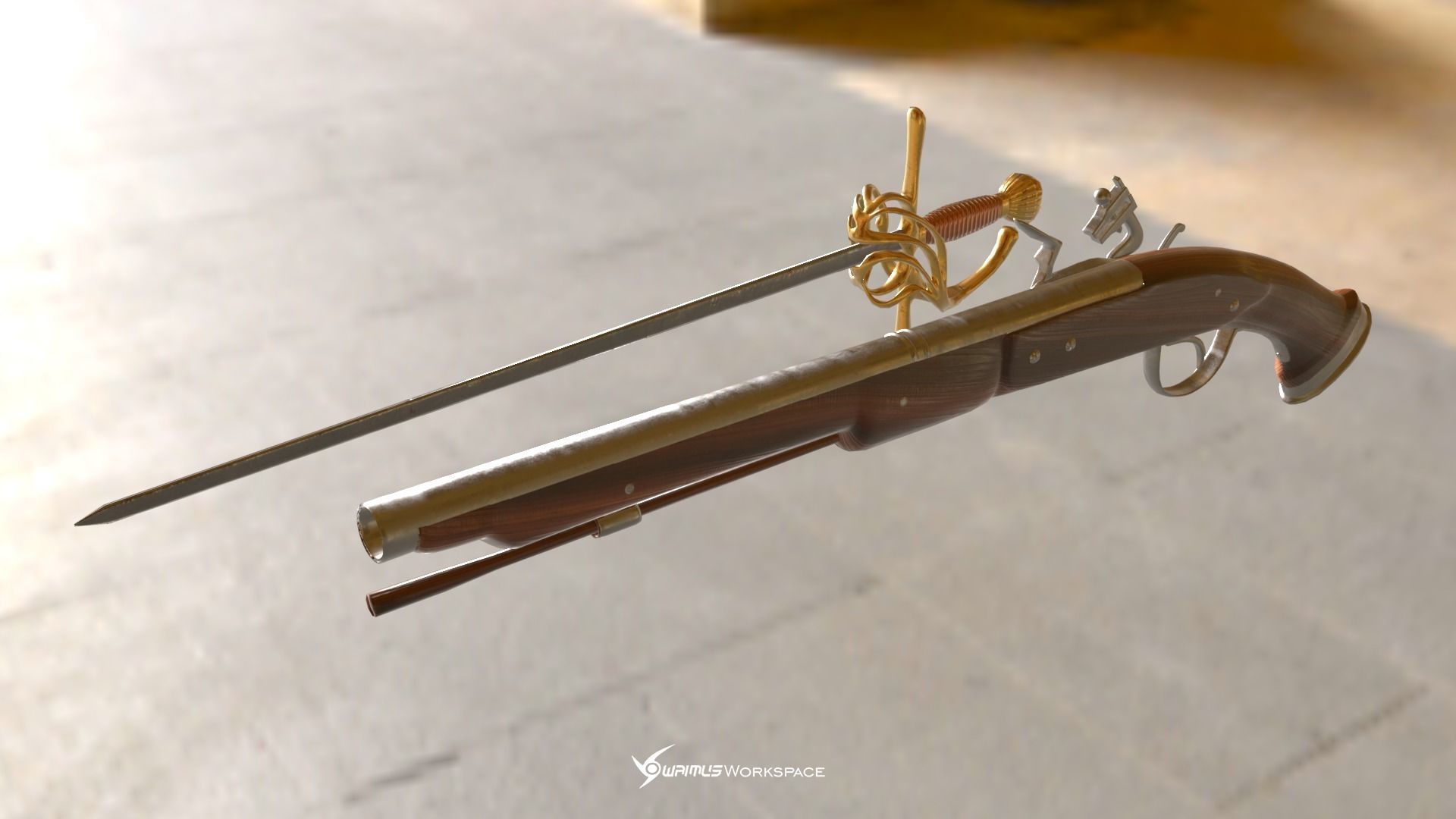 Flintlock Pistol and Rapier Sword Low-poly 3D model_3