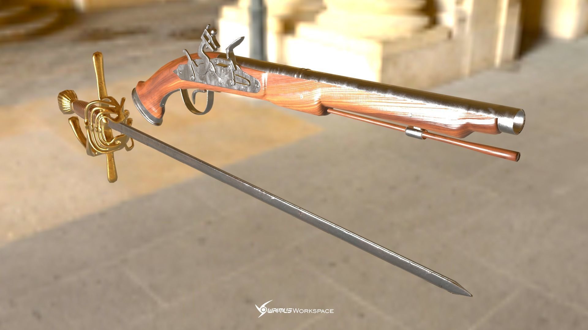 Flintlock Pistol and Rapier Sword Low-poly 3D model_4