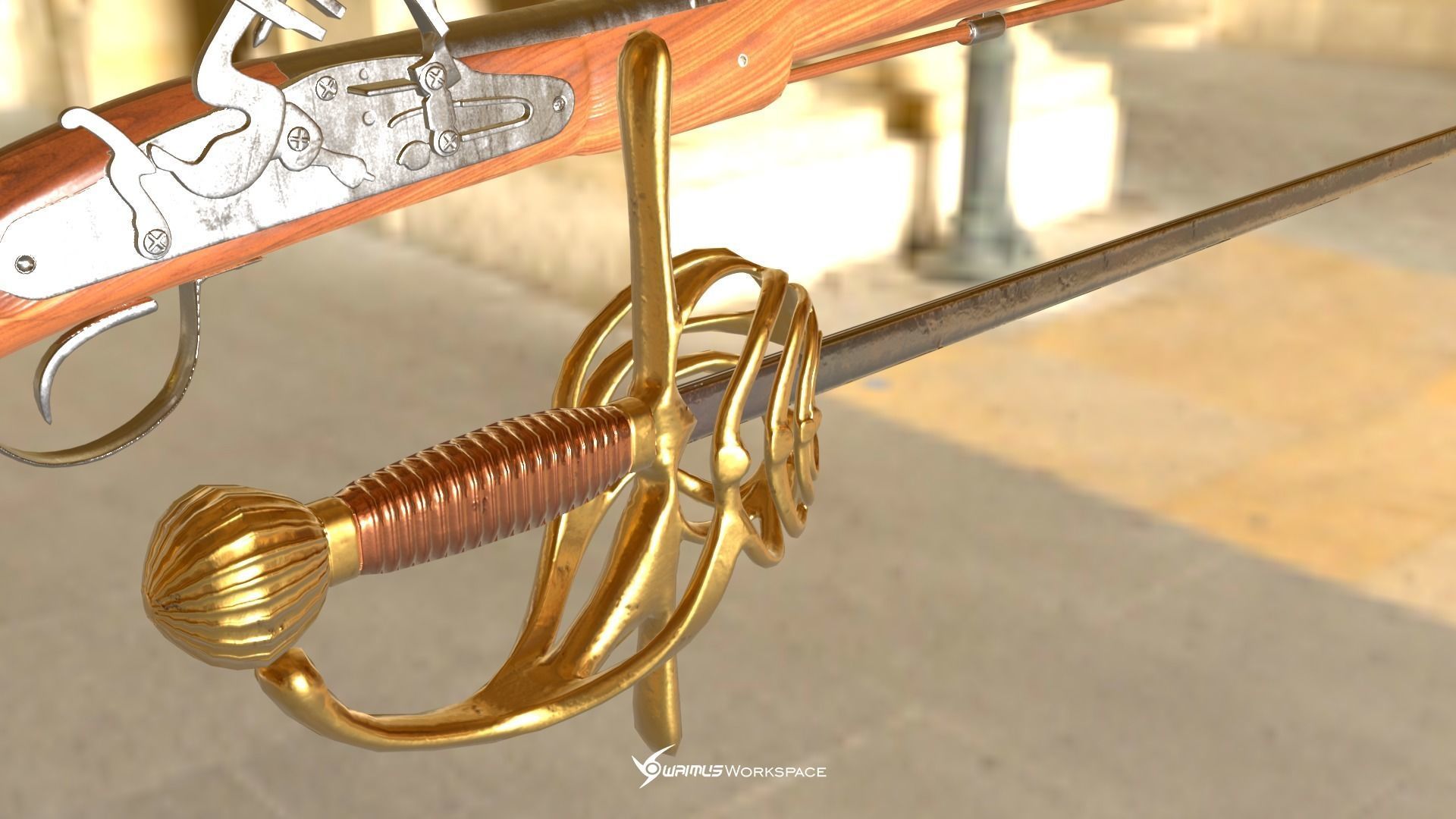 Flintlock Pistol and Rapier Sword Low-poly 3D model_7