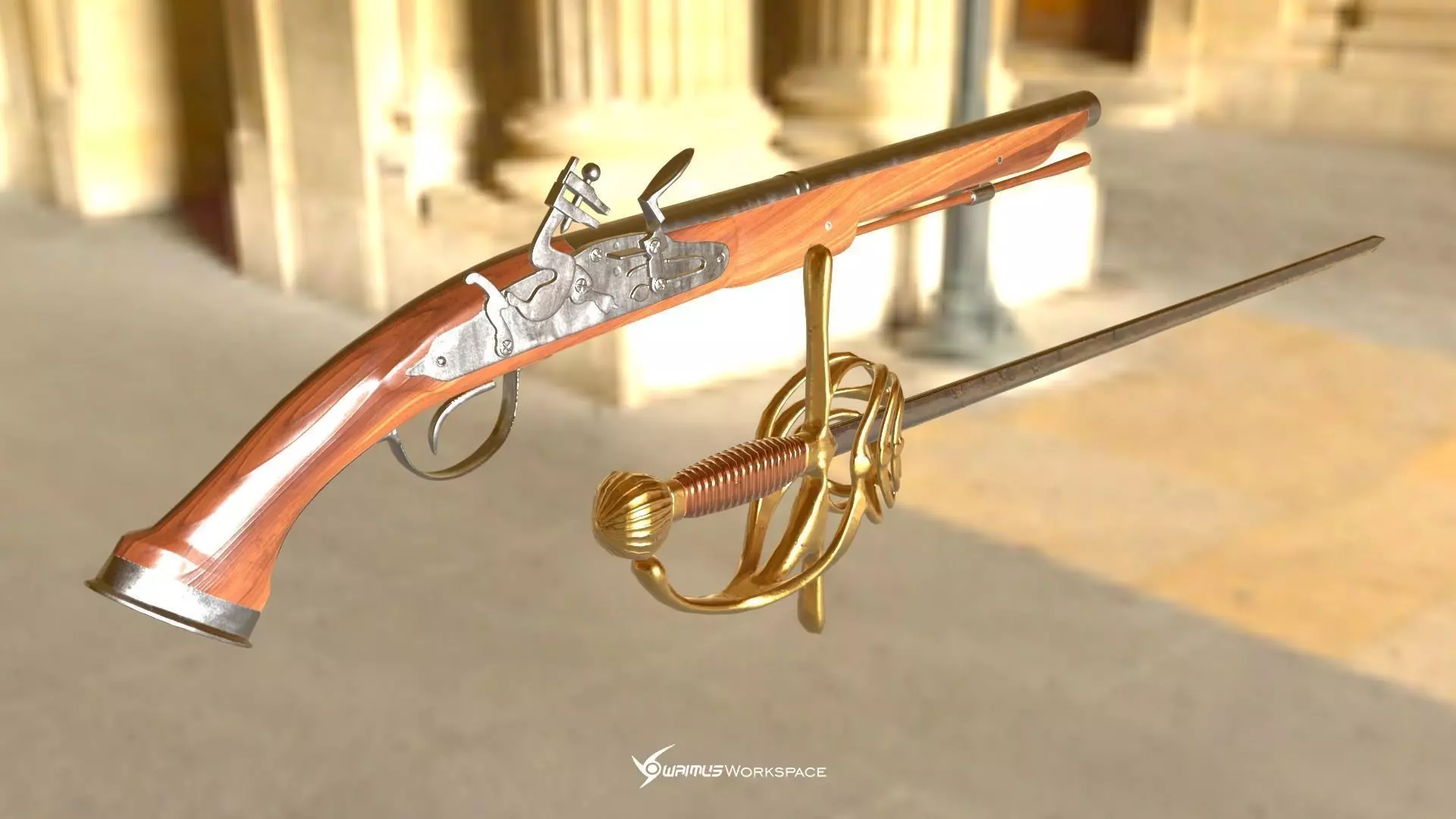 Flintlock Pistol and Rapier Sword Low-poly 3D model_0