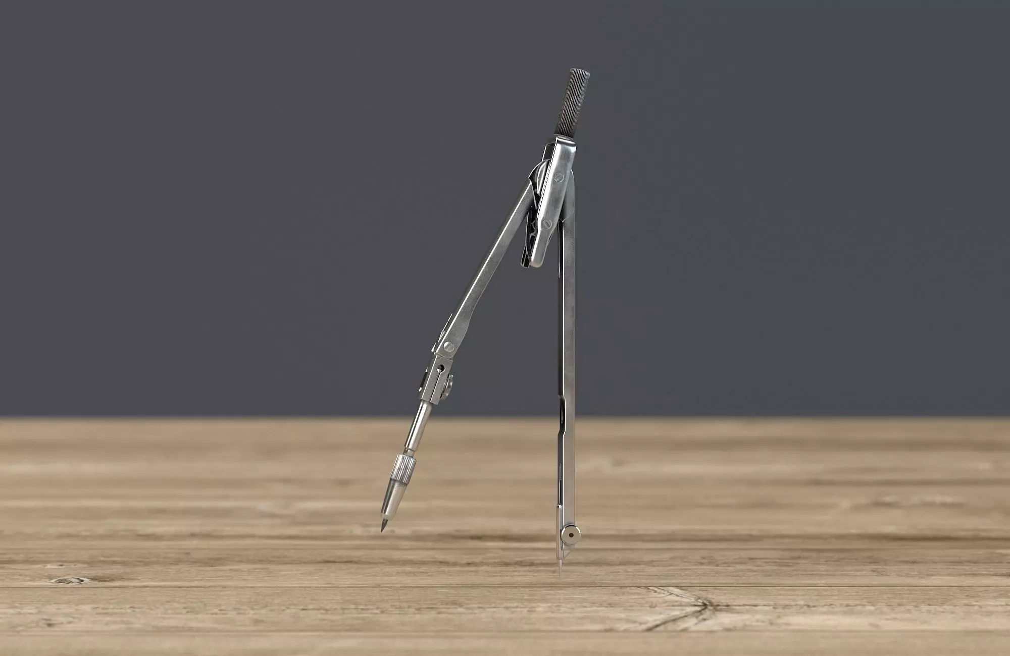 Compass pair of scissors on wooden table 3D model