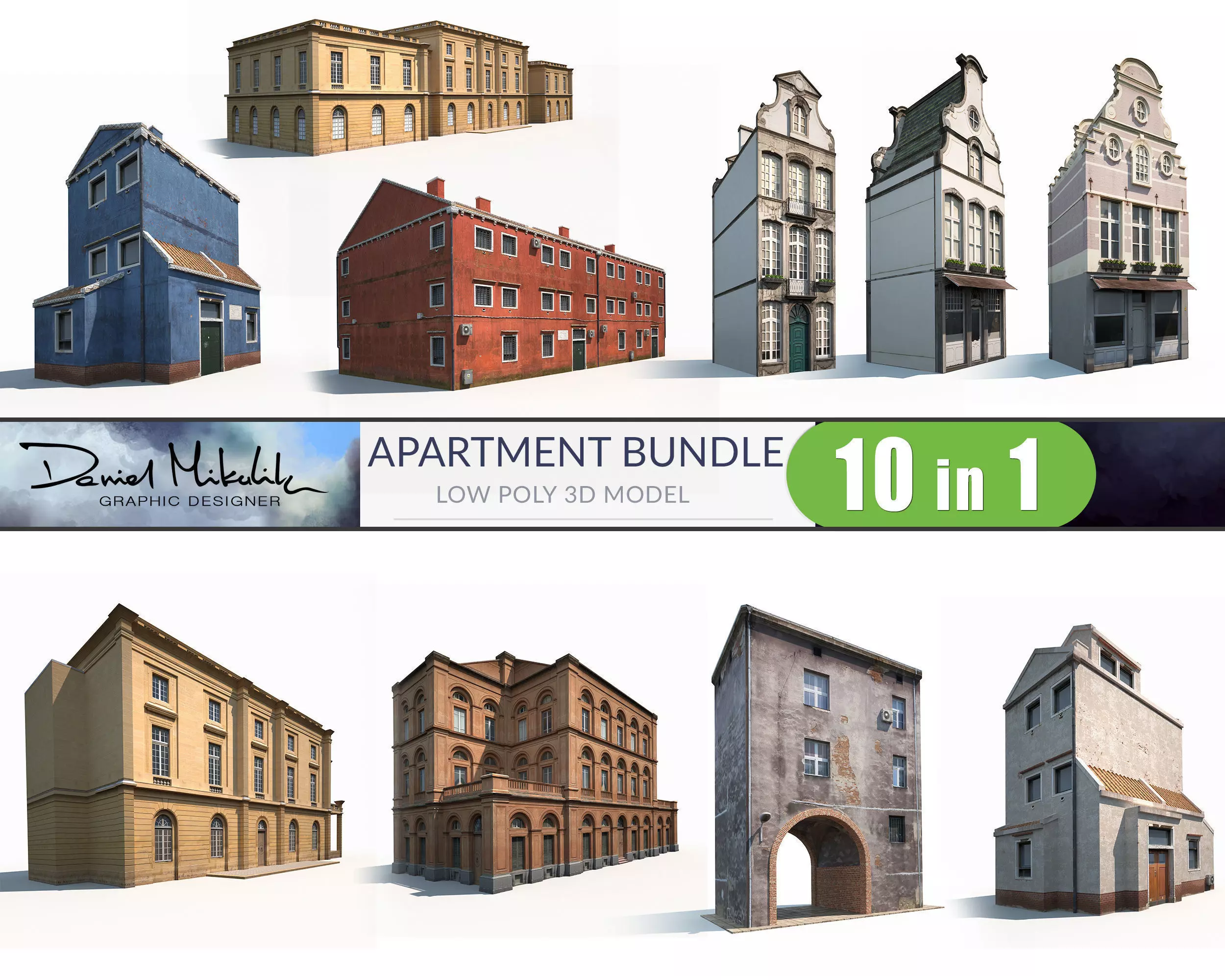 Apartment Buildings BUNDLE Low Poly Low-poly 3D model_0