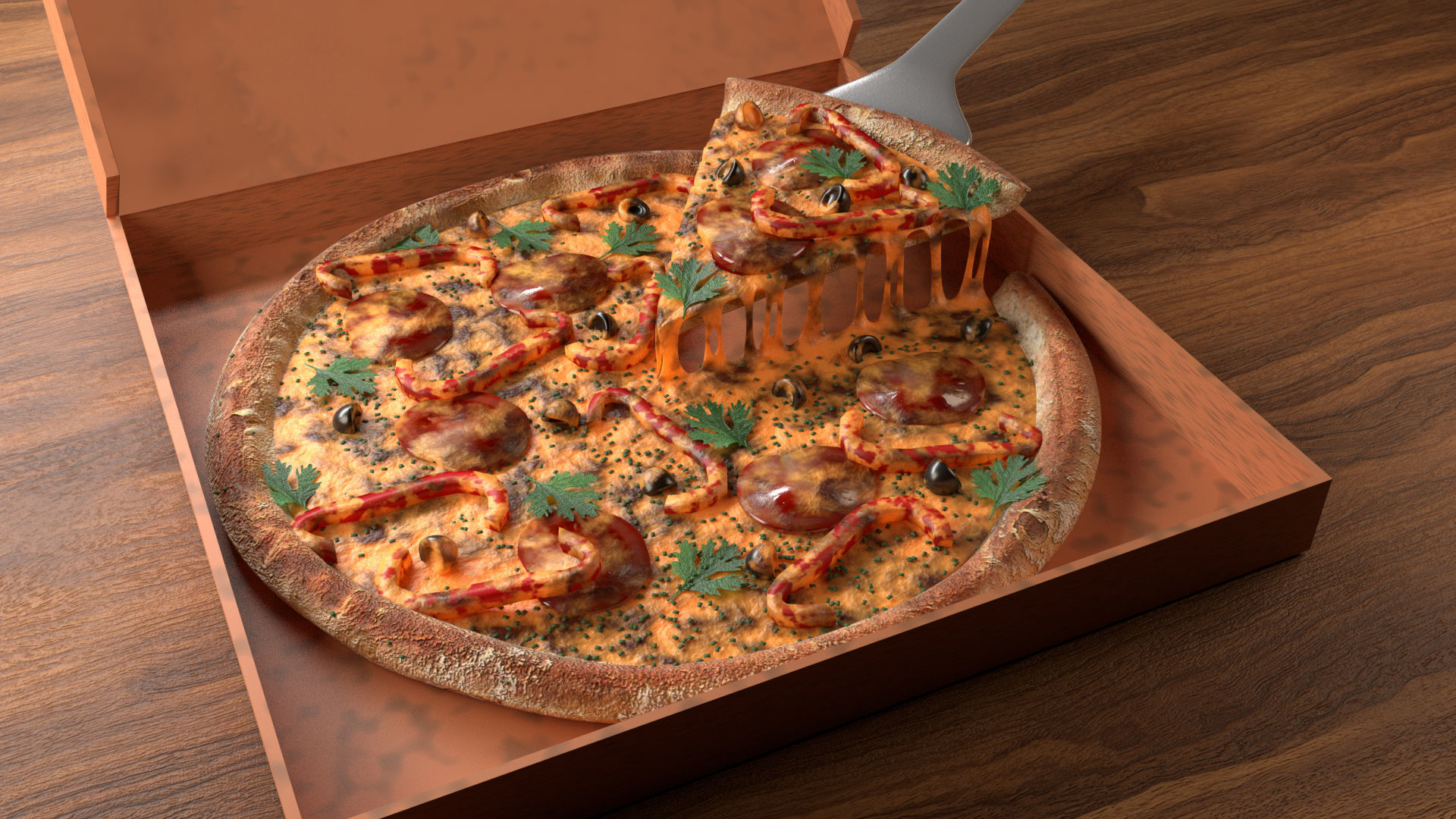 realistic Pizza in box with fork Low-poly 3D model_1