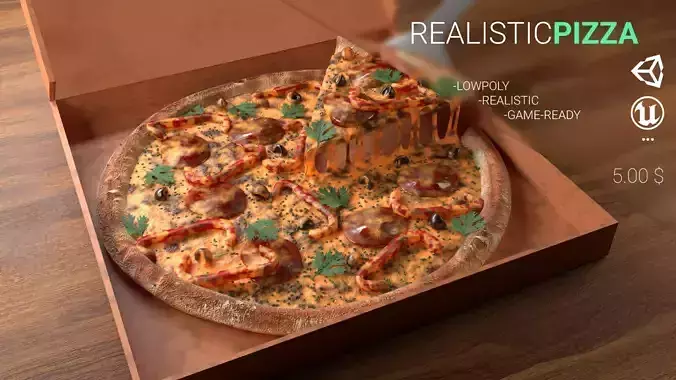 realistic Pizza in box with fork Low-poly 3D model