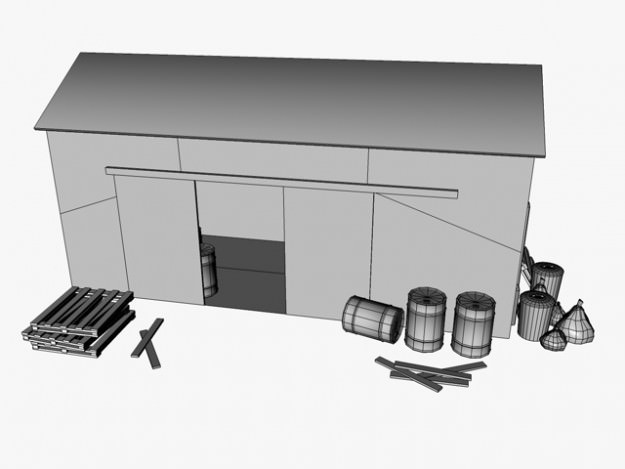 Low poly warehouse wooden shed 3D model_1