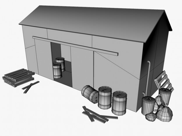 Low poly warehouse wooden shed 3D model_2