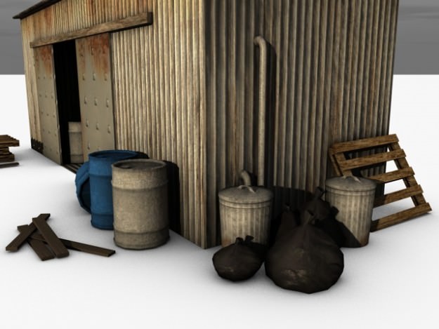 Low poly warehouse wooden shed 3D model_4