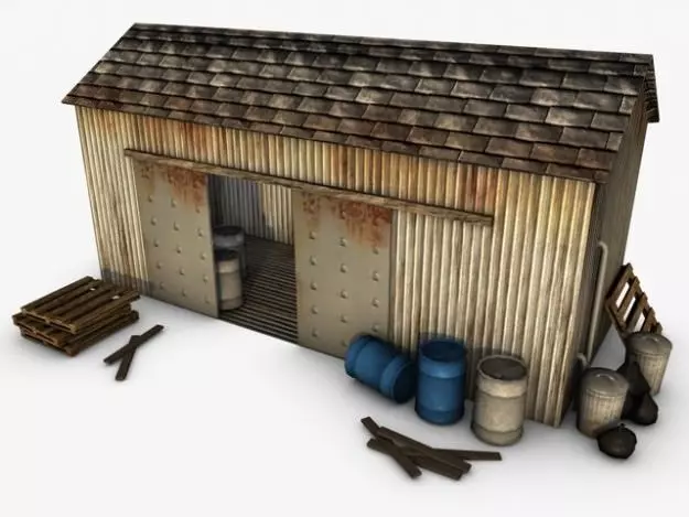 Low poly warehouse wooden shed 3D model_0
