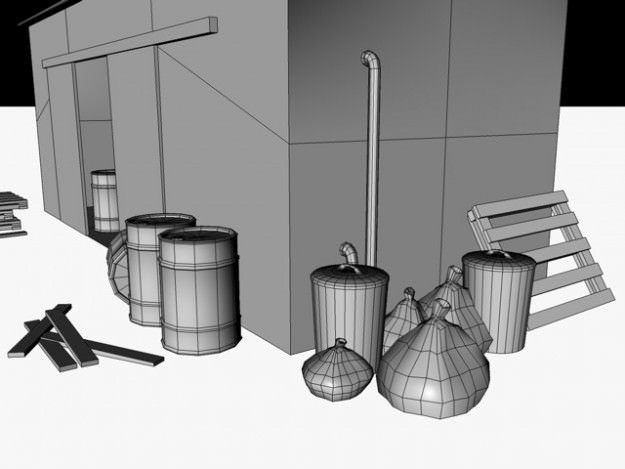 Low poly warehouse wooden shed 3D model_3