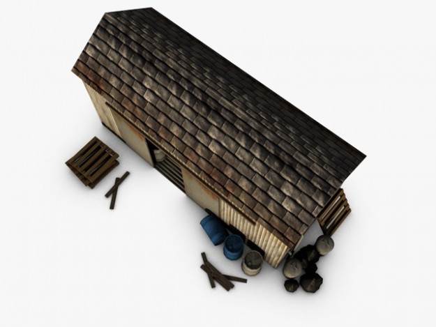 Low poly warehouse wooden shed 3D model_5