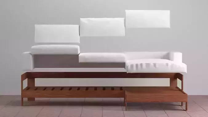 wood sofa with white pillows V-Ray and Corona ready render