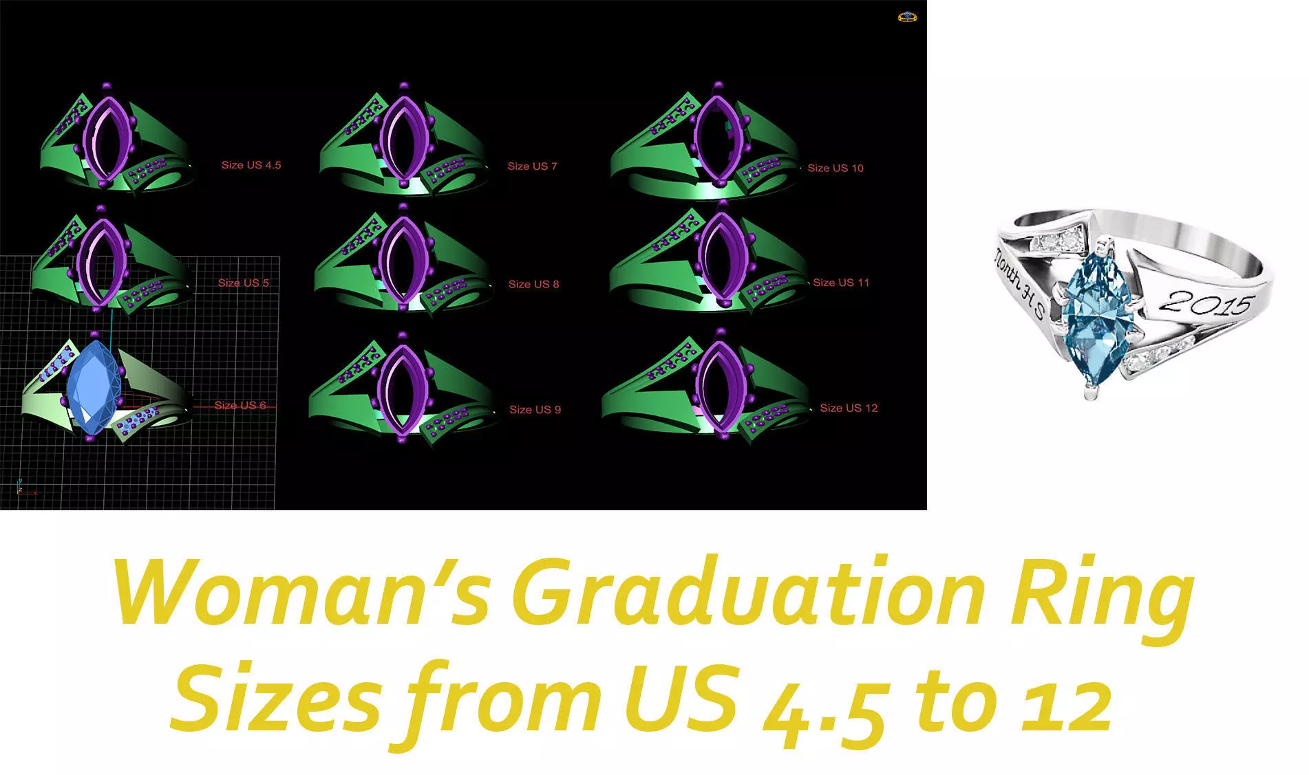 Woman Graduation ring 9 different Sizes 3D print model