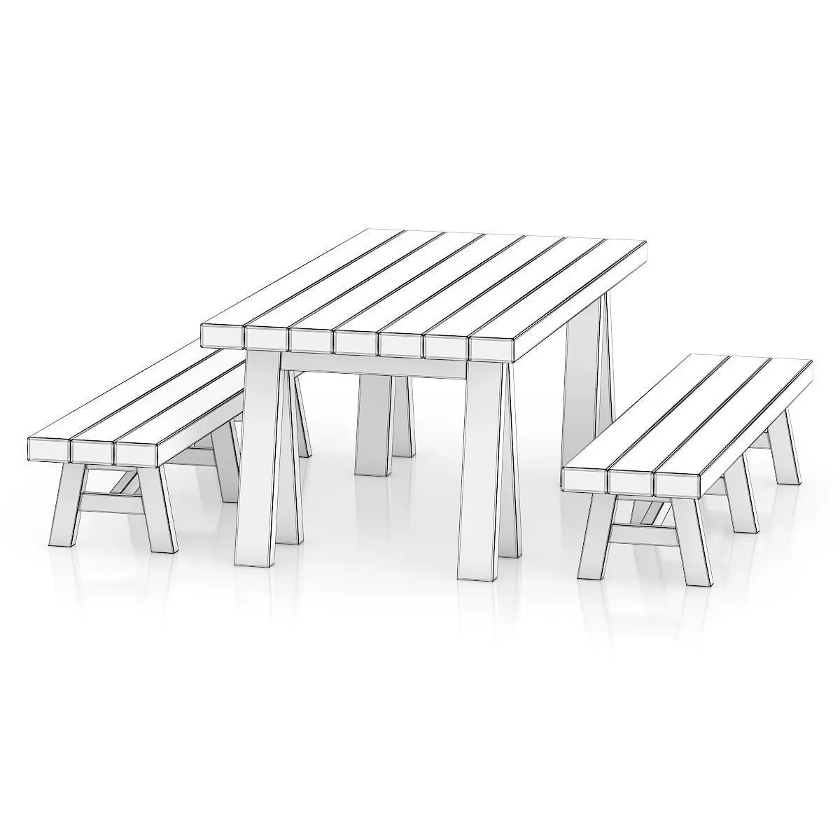 Wooden Table and Benches 3D model_3