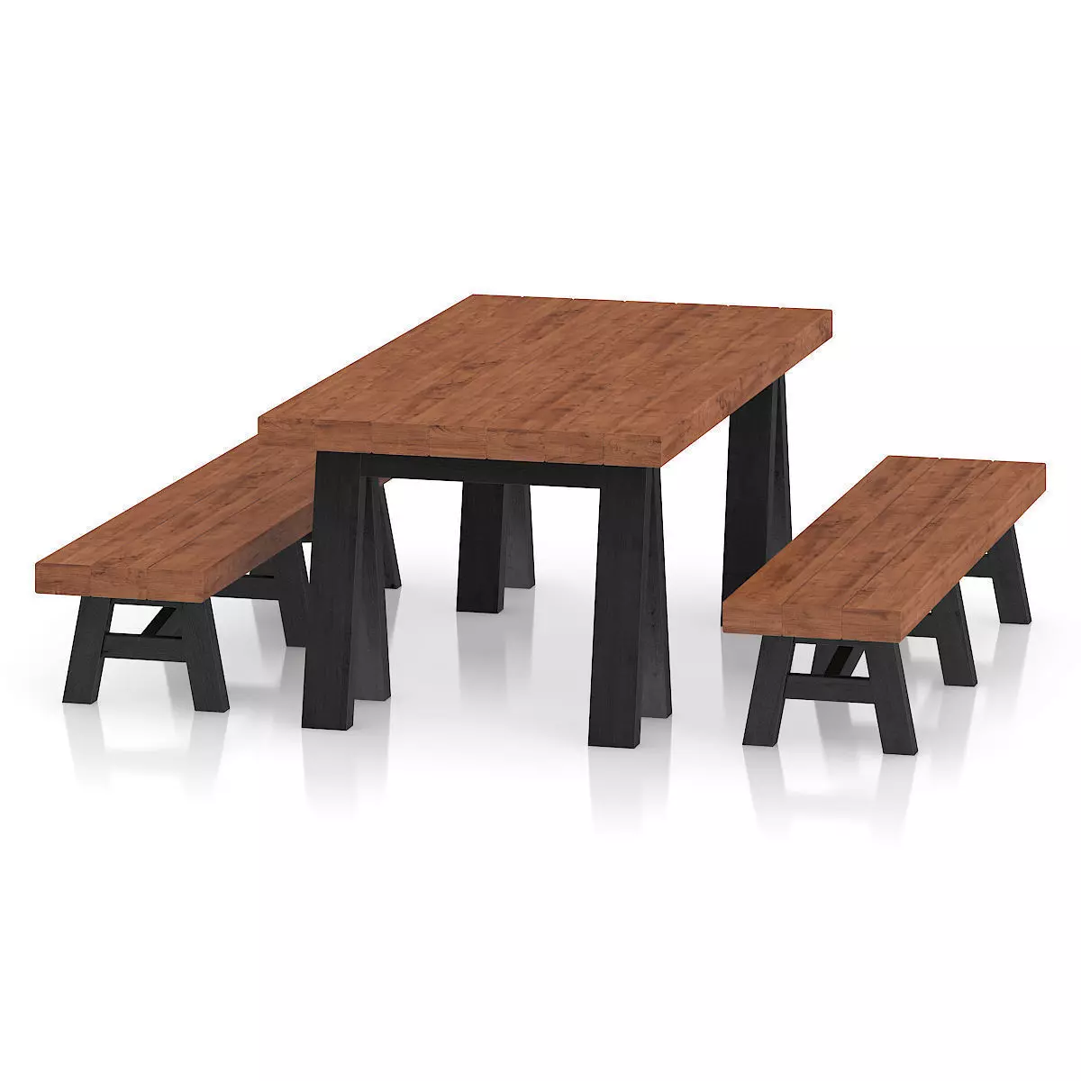 Wooden Table and Benches 3D model_2
