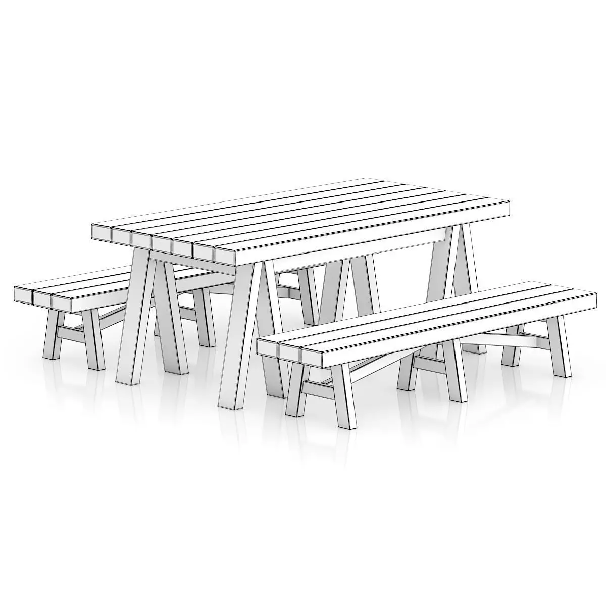 Wooden Table and Benches 3D model_1