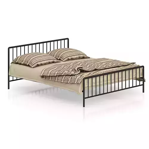 Metal Bed with Striped Bedclothes