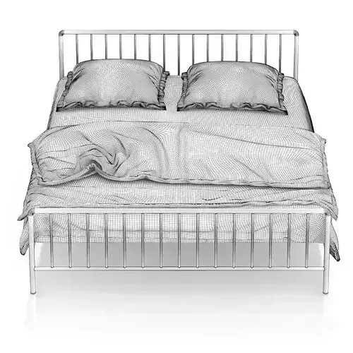 Metal Bed with Striped Bedclothes