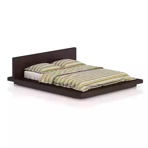 Wooden Bed with Stripped Bedclothes 3D model