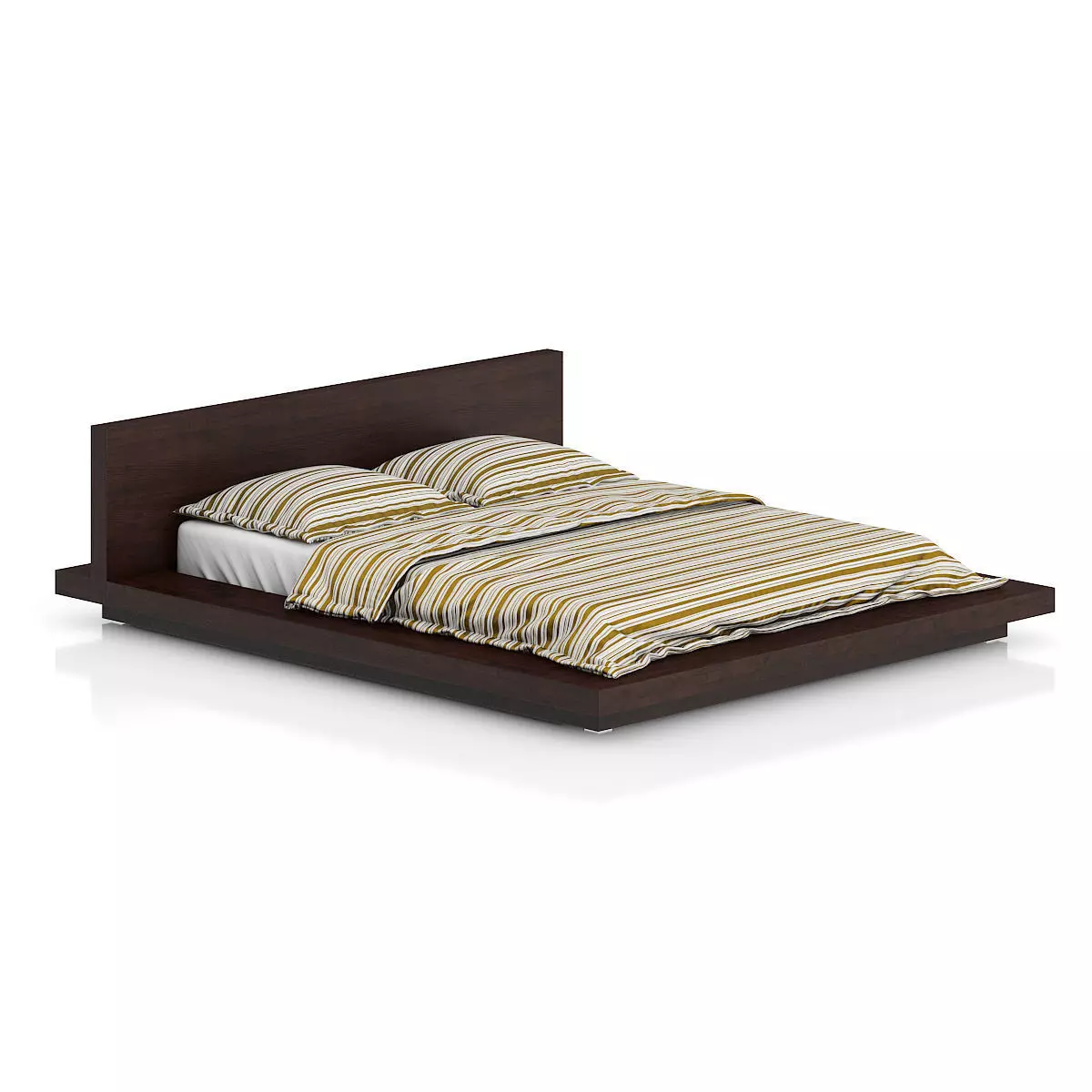 Wooden Bed with Stripped Bedclothes 3D model_0