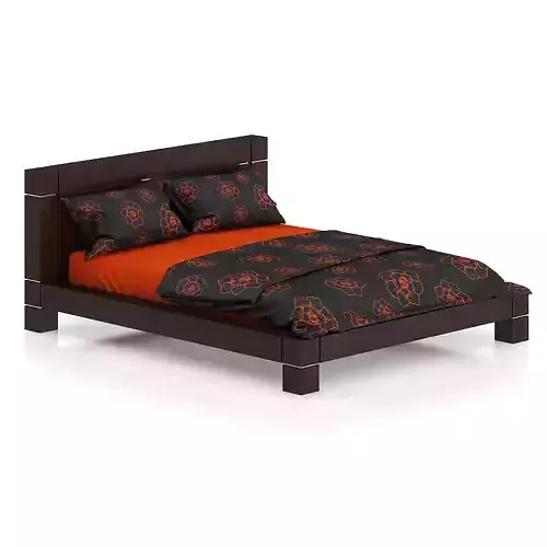 Wooden Bed with Black-Orange Bedclothes 3D model