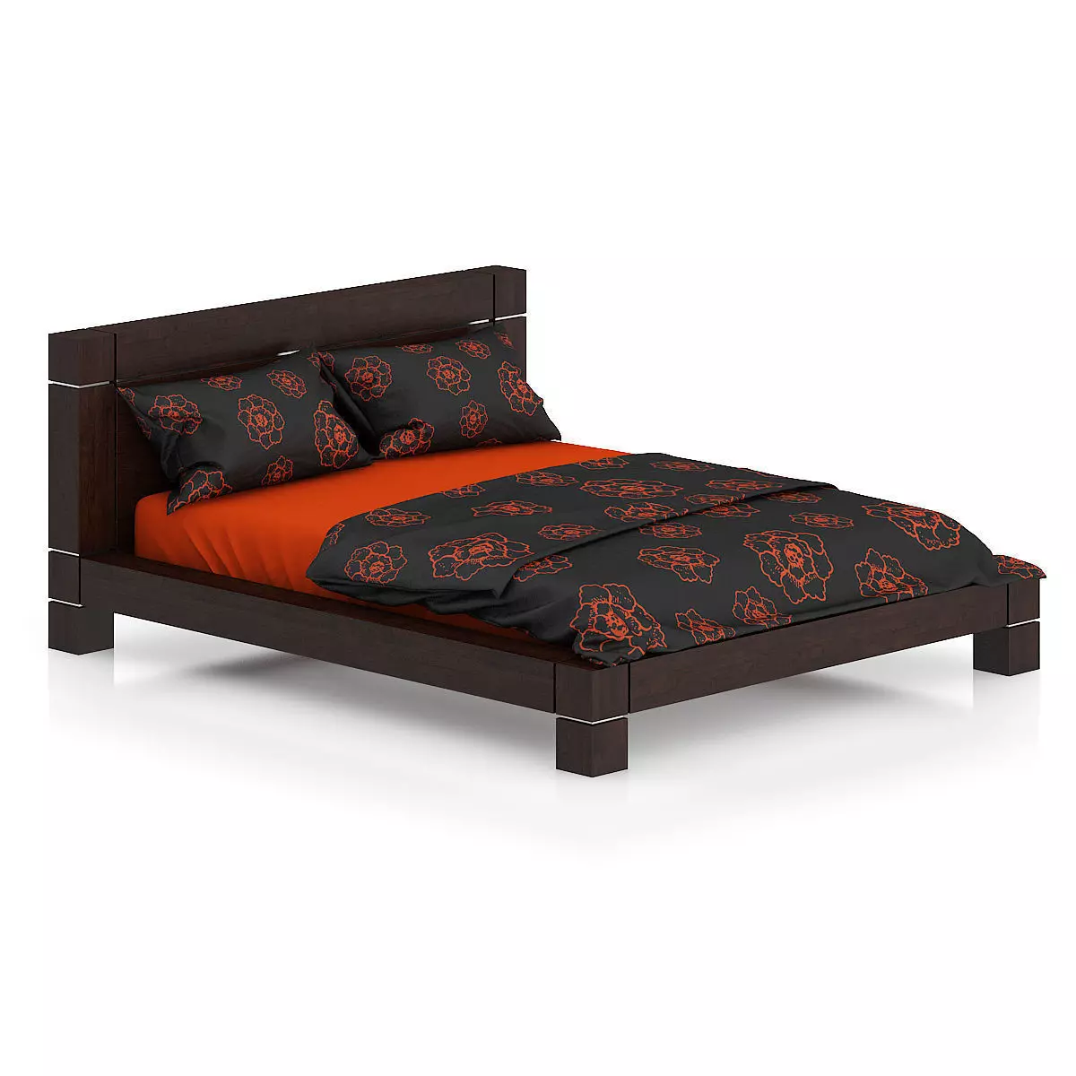 Wooden Bed with Black-Orange Bedclothes 3D model_0