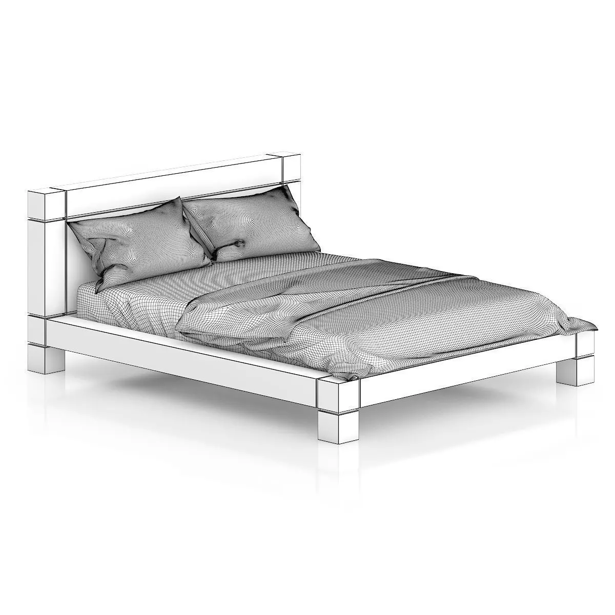 Wooden Bed with Black-Orange Bedclothes 3D model_1