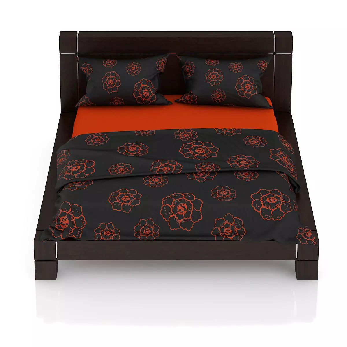 Wooden Bed with Black-Orange Bedclothes 3D model_4